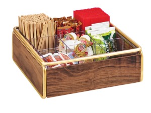 Mid-Century 9 Section Wood Condiment Organizer with Brass Accents - 12" x 12" x 4 1/2"